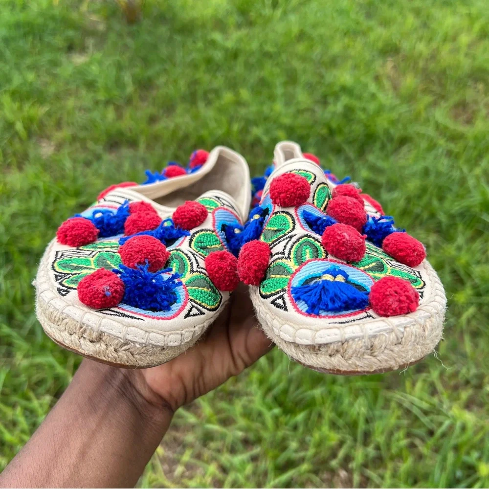 Tory Burch Ellis Pom Pom Embroidered Espadrille Flats Leather Textile Shoes 7.5 - Picture 9 of 11